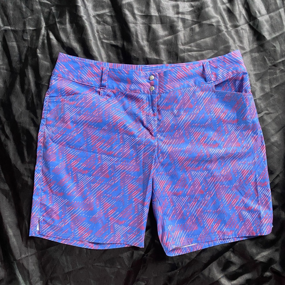 Adidas Women's Vibrant Blue and Pink Patterned Shorts
